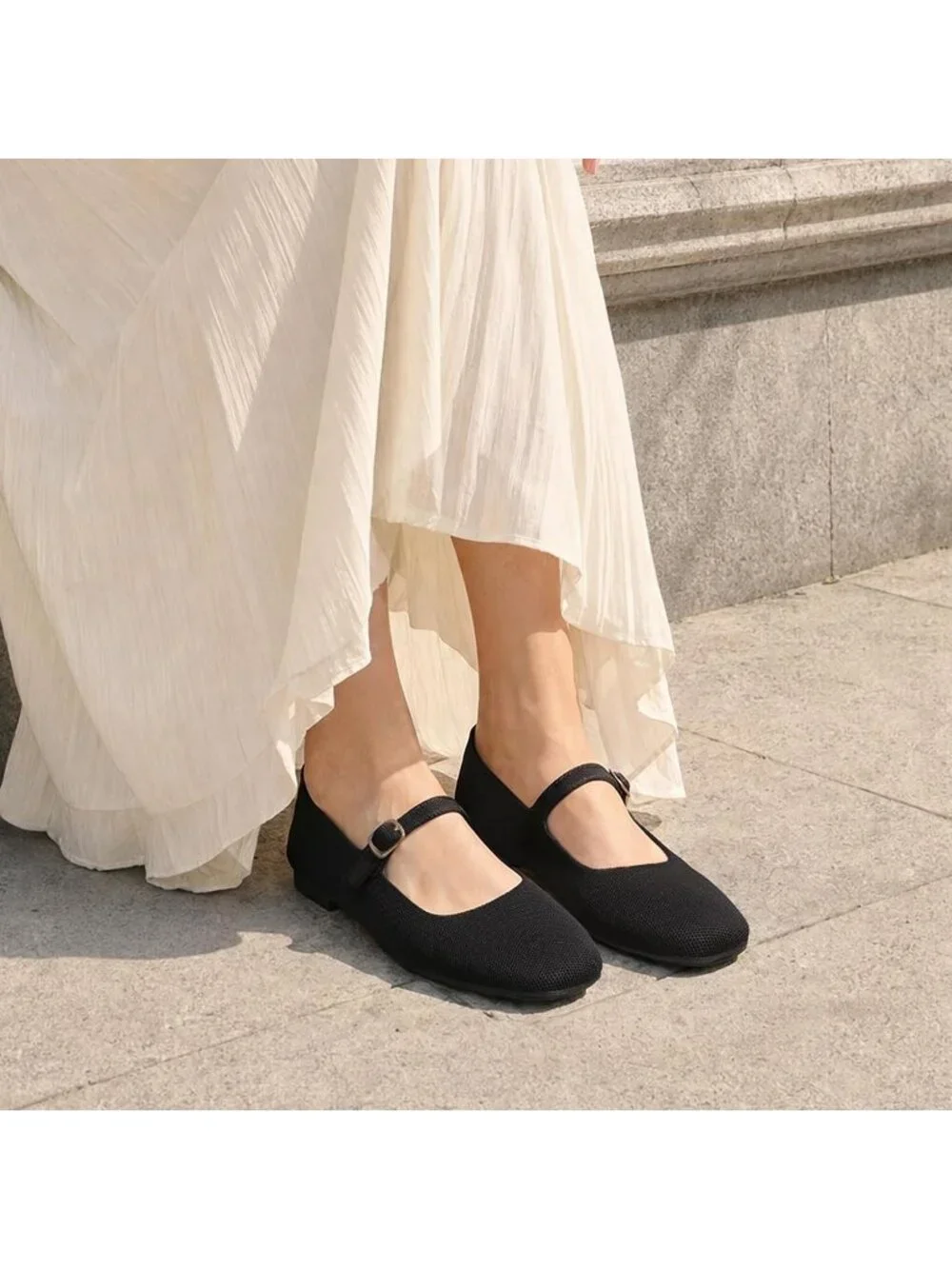 Women's Black Knit Mary Jane Square Toe Stretchy Buckle Ballet Flat Casual Shoes
